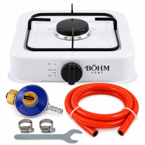 Plită tip aragaz cu un arzător pe gaz GPL BÖHM, 2.2kW, 2800Pa, include furtun 1.5 m, ceas regulator, cheie, 2 coliere