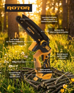 Fierastrau cu Lant Acumulator ROTOR RMC21-8, 21V, 2Ah, Brushless, ungere lant - Img 12