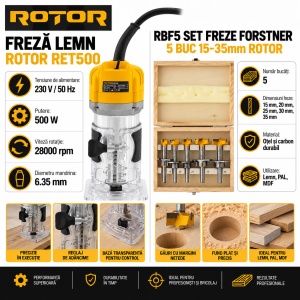 Freza electrica lemn cu 5 freze Rotor, 500W, 220V, 28000rpm otel carbon mandrina 6.35mm, dimensiuni freze 15mm, 20mm, 25mm, 30mm, 35mm - Img 2