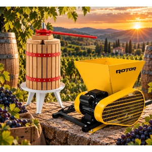 Pachet Teasc Presa Struguri si Fructe ROTOR FP-18, 18 L, lemn masiv de stejar + Zdrobitor Struguri Electric ROTOR HGP-60, 750W, cuva 28L