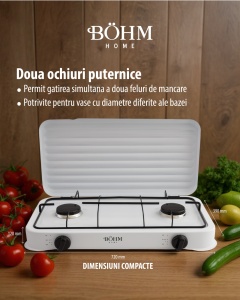 Plita cu doua arzatoare pe gaz, aprindere manuala BÖHM HOME BG-M-002-W, 4.4 kW, 55x32x7 cm - Img 9