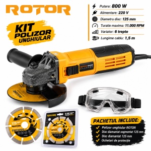 Polizor unghiular cu variator Rotor, 800w, 220v, 1100rpm, diametru 125mm, 6 trepte viteza, lungime cablu 1.5m, include discuri diamantate pentru taiere beton, marmura, gresie, faianta, ochelari protectie, maner, protectie disc, cheie reglare, perii carbun - Img 2