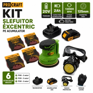 Kit Slefuitor excentric pe acumulator ProCraft, 20v, 2Ah, 130000rpm, diametru 125mm, fara perii, include acumulator, incarcator, 6 seturi discuri abrazive, masca protectie, manusi lucru - Img 2