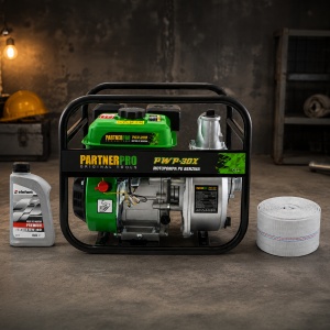 Motopompa pe benina PartnerPro, 6.5cp, 163cc, 4 timpi, 500l/min, capacitate rezervor 4l, inaltime refulare 26, adancime aspiratie 8m, diametru iesire 2", include furtun pompieri cauciucat 20m