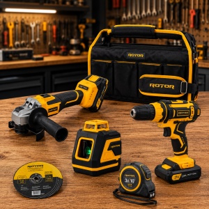 Pachet Profesional ROTOR cu Autofiletanta RPA21, Polizor R-PU2A, Nivela Laser R5L-B, Set 25 Discuri Abrazive, Ruleta si Geanta CADOU