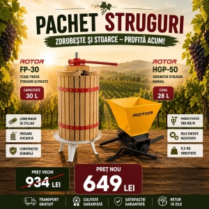 Pachet Teasc Presa Struguri si Fructe ROTOR FP-30, 30L, lemn masiv de stejar + Zdrobitor Struguri Manual ROTOR HGP-50, cuva 28L - Img 2
