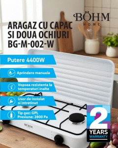 Plita cu doua arzatoare pe gaz, aprindere manuala BÖHM HOME BG-M-002-W, 4.4 kW, 55x32x7 cm