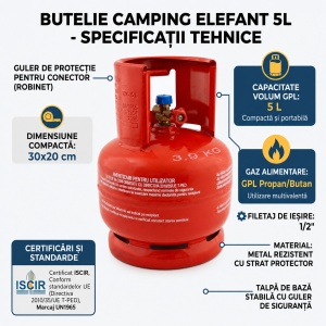 Butelie camping gaz GPL Elefant, 5l, metal, talpa si guler, filet 1/2", presiune iesire 30mbar, omologata ISCIR, include furtun 2m, ceas regulator, cleme, cheie, garnitura - Img 3
