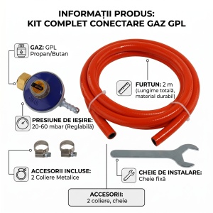Butelie gaz GPL cu guler Rotor, volum 26l, metal, omologata ISCIR pentru Aragaz, Plita sau Soba, include furtun 2m, ceas regulator, cleme, cheie, garnitura - Img 3
