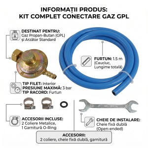 Butelie gaz GPL cu guler Rotor, volum 26l, metal, omologata ISCIR pentru Aragaz, Plita sau Soba, include furtun 1.5m, ceas regulator, cleme, cheie, garnitura - Img 3