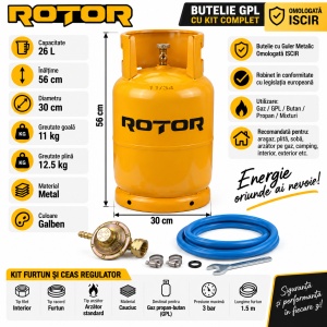 Butelie gaz GPL cu guler Rotor, volum 26l, metal, omologata ISCIR pentru Aragaz, Plita sau Soba, include furtun 2m, ceas regulator, cleme, cheie, garnitura - Img 5