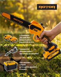 Mini Drujba cu Acumulator ROTOR RMC218, 21V, 2x4Ah, pentru taiere lemn gradina - Img 2