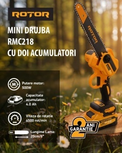 Mini Drujba cu Acumulator ROTOR RMC218, 21V, 2x4Ah, pentru taiere lemn gradina