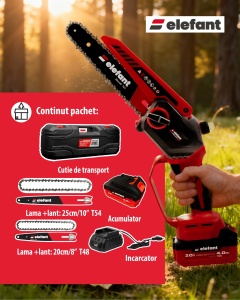 Mini Fierastrau cu Lant Acumulator Elefant EBS-104, 20V, 4Ah, Brushless - Img 2