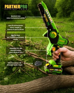 Mini Fierastrau cu Lant Acumulator PartnerPro PPBS-84, 21V, 4Ah, Brushless - Img 2