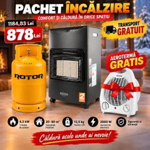 Pachet Soba Gaz GPL Bohm BF-003A, 4.2kW, 3 trepte, 20-80 m2 + Butelie GPL ROTOR 26L + Aeroterma Bohm BFH-801, 2000W CADOU - Img 2