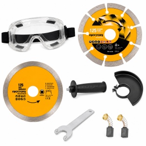 Polizor unghiular cu variator Rotor, 800w, 220v, 1100rpm, diametru 125mm, 6 trepte viteza, lungime cablu 1.5m, include discuri diamantate pentru taiere beton, marmura, gresie, faianta, ochelari protectie, maner, protectie disc, cheie reglare, perii carbun - Img 6