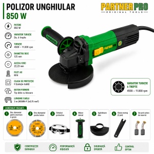Polizor unghiular PartnerPro, 850W, 220V, 11000rpm, diametru disc 125mm, M14, cablu 3m, variator 6 trepte, include disc diamantat, pentru marmura si gresie, disc diamantat pentru beton, ochelari protectie, aparatoare, set perii, maner lateral - Img 2