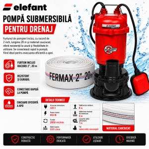 Pompa submersibila apa murdara Elefant, 550w, 220v, 2850rpm, 233 l/min, inaltime refulare 8m, adâncime maximă de imersiune 8m, lungime cablu 7m, racord 2", include furtun pompieri cauciucat 20m - Img 2