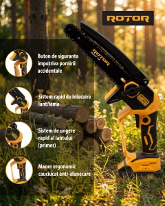 Fierastrau cu Lant Acumulator ROTOR RMC21-8, 21V, 2Ah, Brushless, ungere lant - Img 13