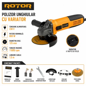 Kit polizor unghiular cu variator Rotor, 800W, 220V, 11000rpm, diametru 125mm, cablu 1.5m, include maner, set carbuni, cheie montare, aparatoare disc, perie sarma conica, perie sarma cupa, ochelari protectie - Img 2