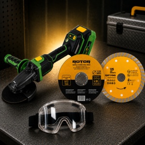 Pachet Polizor Unghiular cu Acumulator PartnerPro PBA-4A, 20V, 125 mm, Brushless + 25 Discuri Taiere Metal + Disc Diamantat + Ochelari de protectie