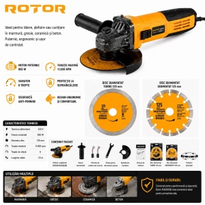 Pachet Polizor Unghiular cu Variator ROTOR RAG850E, 850W, disc 125mm, 2000-11000 RPM, 6 trepte de viteza, cu 2 discuri diamantate si o pereche de ochelari de protectie - Img 2