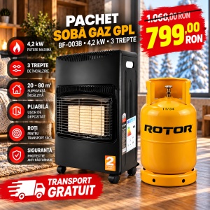 Pachet Soba Gaz GPL Pliabila Bohm BF-003B, 4.2kW, 3 trepte, 20-80 m2 + Butelie GPL ROTOR 26L goala, capacitate 12.5kg - Img 2