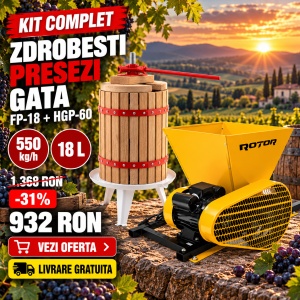 Pachet Teasc Presa Struguri si Fructe ROTOR FP-18, 18 L, lemn masiv de stejar + Zdrobitor Struguri Electric ROTOR HGP-60, 750W, cuva 28L - Img 2