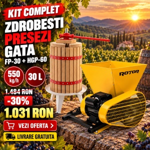 Pachet Teasc Presa Struguri si Fructe ROTOR FP-30, 30 L, lemn masiv de stejar + Zdrobitor Struguri Electric ROTOR HGP-60, 750W, cuva 28L - Img 2