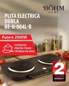 Plita Gaz 2 Arzatoare Bohm BG-M-002-B, 4.4kW, aprindere manuala, negru