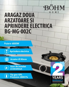 Plita Gaz 2 Arzatoare cu Aprindere Electrica Bohm BG-MG-002C, crom