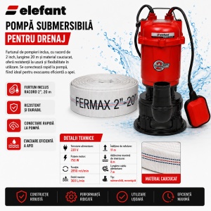 Pompa submersibila apa murdara cu tocator Elefant, 750w, 220v, 2850rpm, 300l/min, inaltime de refulare 11m, adâncime maximă de imersiune 8m, lungime cablu 7m, racord 2", include furtun pompieri cauciucat 20m - Img 2