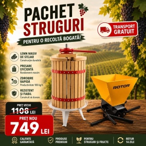 Pachet Teasc Presa Struguri si Fructe ROTOR FP-40, 40L, lemn masiv de stejar + Zdrobitor Struguri Manual ROTOR HGP-50, cuva 28L - Img 2