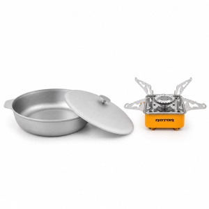 Pachet Tigaie Aluminiu ROTOR 32 cm cu capac + Arzator Portabil ROTOR RPCG-281YW CADOU