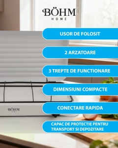 Plita cu doua arzatoare pe gaz, aprindere manuala BÖHM HOME BG-M-002-W, 4.4 kW, 55x32x7 cm - Img 7