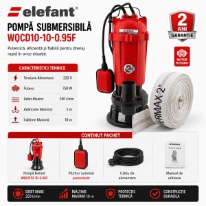 Pompa submersibila apa murdara cu tocator Elefant, 750w, 220v, 2850rpm, 250l/min, inaltime refulare 10, adâncime maximă absortie 5m, racord 2", include furtun pompieri cauciucat 20m - Img 2