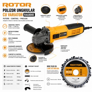 Flex polizor unghiular cu variator Rotor, 800W, 220V, 1100rpm, diametru 125mm, cablu 1.5m, include disc flex cu lant drujba, maner demontabil, set carbuni, aparatoare metalica - Img 2