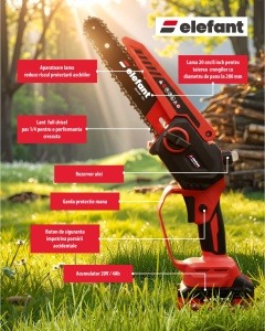 Mini Fierastrau cu Lant Acumulator Elefant EBS-104, 20V, 4Ah, Brushless - Img 3
