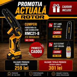Pachet Fierastrau cu Lant Acumulator ROTOR RMC21-8, 21V Brushless + Set Lama si Ulei CADOU - Img 2