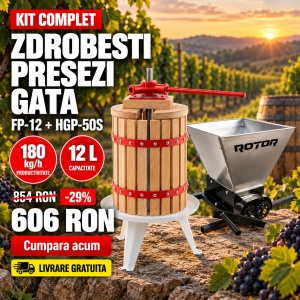 Pachet Teasc Presa Struguri si Fructe ROTOR FP-12, 12 L, lemn masiv de stejar + Zdrobitor Struguri Manual ROTOR HGP-50S, cuva 28L inox - Img 2