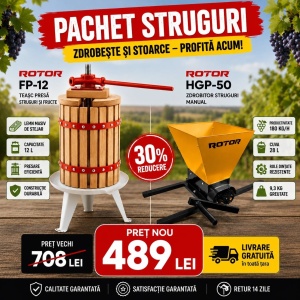 Pachet Teasc Presa Struguri si Fructe ROTOR FP-12, 12L, lemn masiv de stejar + Zdrobitor Struguri Manual ROTOR HGP-50, cuva 28L - Img 2