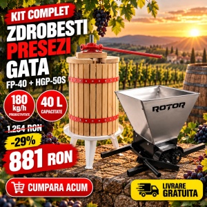 Pachet Teasc Presa Struguri si Fructe ROTOR FP-40, 40 L, lemn masiv de stejar + Zdrobitor Struguri Manual ROTOR HGP-50S, cuva 28L inox - Img 2