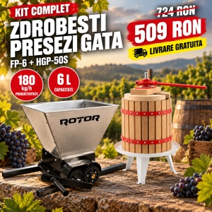Pachet Teasc Presa Struguri si Fructe ROTOR FP-6, 6 L, lemn masiv de stejar + Zdrobitor Struguri Manual ROTOR HGP-50S, cuva 28L inox - Img 2