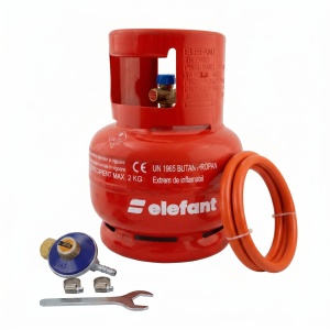 Butelie camping gaz GPL Elefant, 5l, metal, talpa si guler, filet 1/2", presiune iesire 30bar, omologata ISCIR, include furtun 2m, ceas regulator, cleme, cheie, garnitura