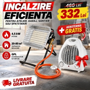 Pachet Incalzitor Gaz GPL Bohm BF-009D-02, 4.5kW, 20-80 m2 + Aeroterma Electrica Bohm BFH-801, 2000W CADOU - Img 2