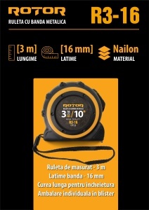 Ruleta ROTOR R3-16, 3m x 16mm, auto-blocare, curea de mana
