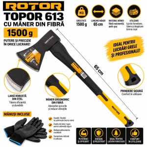 Topor si manusi protectie Rotor, maner fibra de sticla, lungime 65cm, cap otel, anti-șoc, 1500gr - Img 2