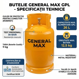 Butelie gaz GPL cu guler Rotor, volum 26l, metal, omologata ISCIR pentru Aragaz, Plita sau Soba, include furtun 2m, ceas regulator, cleme, cheie, garnitura - Img 2