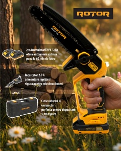Fierastrau cu Lant Acumulator ROTOR RMC21-8, 21V, 2Ah, Brushless, ungere lant - Img 11